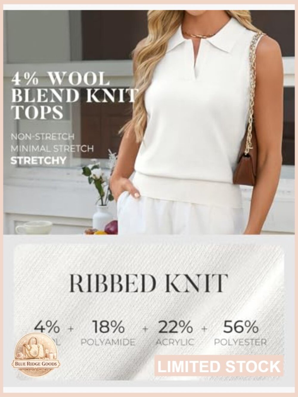 Wool Blend Knit Tank Top Sleeveless Polo Sweater Vest Business Casual Work Tops - Picture 4 of 7